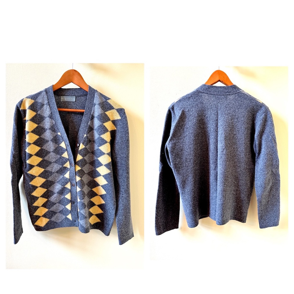 Grey and yellow argyle cardigan wool blend